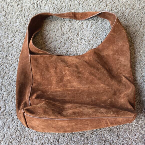 Quince Italian Suede Slouchy Shoulder Bag Purse Whiskey Cognac Brown Minimal - Picture 3 of 10